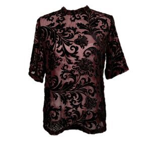 B.YOUNG Burnout Velvet Top Sheer KeyHole 1/2 Sleeve Black Aubergine M 36 Gothic